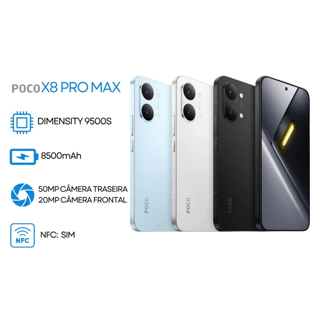 Xiaomi Poco X8 Pro Max 5G, 512/12GB, Processador MediaTek Dimensity 9500s, Versão Global Bateria 8500 mAh