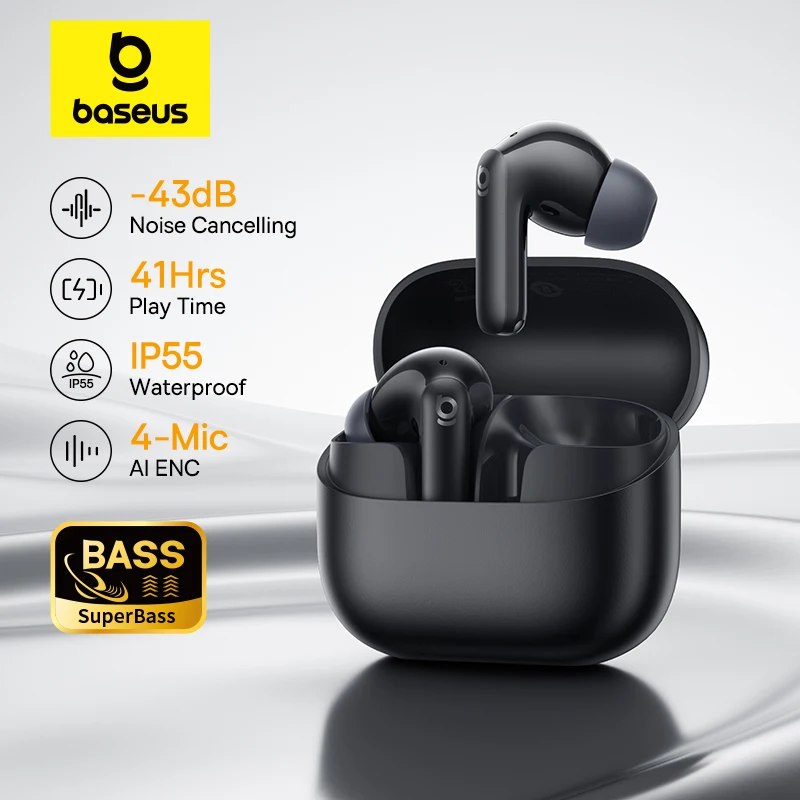 Baseus Bass EP10 NC -43dB com cancelamento de ruído ANC True Wireless Fones de ouvido Bluetooth 6.0 Fones de ouvido