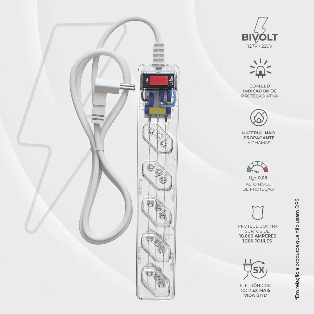 Protetor Elétrico Clamper iCLAMPER Energia 5 com Tecnologia LCF para 5 Tomadas