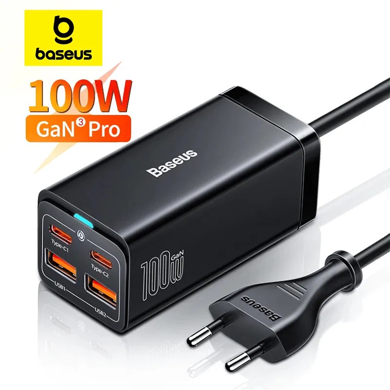Carregador Baseus GaN3 Desktop – 100W/65W de potência, carregamento rápido QC 3.0/4.0 e portas USB-C para notebooks e celulares.