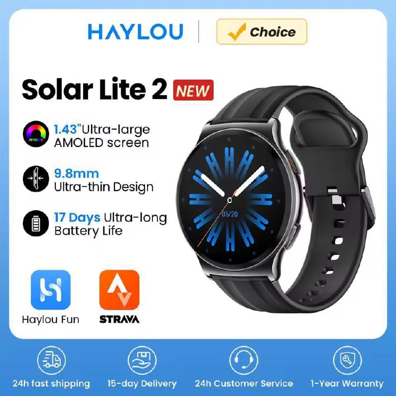 HAYLOU Solar Lite 2 Smartwatch 1.43 ''AMOLED Display 24h Monitoramento de Saúde Mais de 150 Modos Esportivos Chamadas