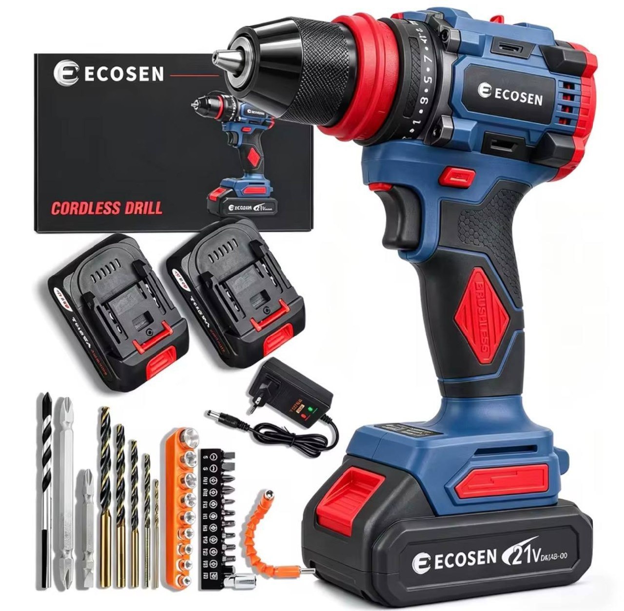 Furadeira/Parafusadeira sem escovas 21V com kit completo