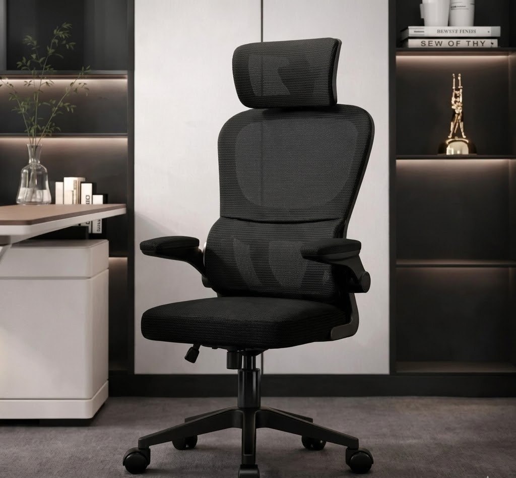 Cadeira de Escritório Ergonômica preta Giratória com Apoio Lombar e Braços Ajustáveis - LARUNO