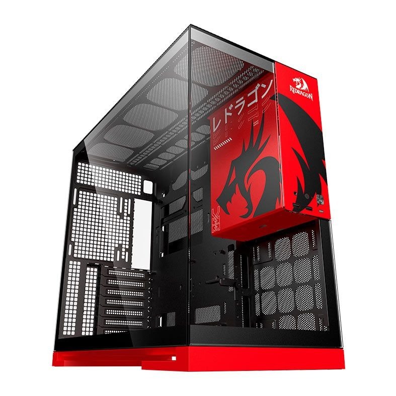 Gabinete Gamer Geometric Future Model 5 Redragon Spec Preto e Vermelho ATX Sem Fans Plataforma para Action Figures Painéis Vidro Temperado Duplo