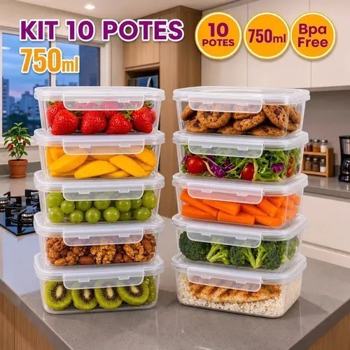 Kit 10 Potes 750ml com Tampa Trava Plástico Transparente para Mantimentos Ponte Lar Utilidades