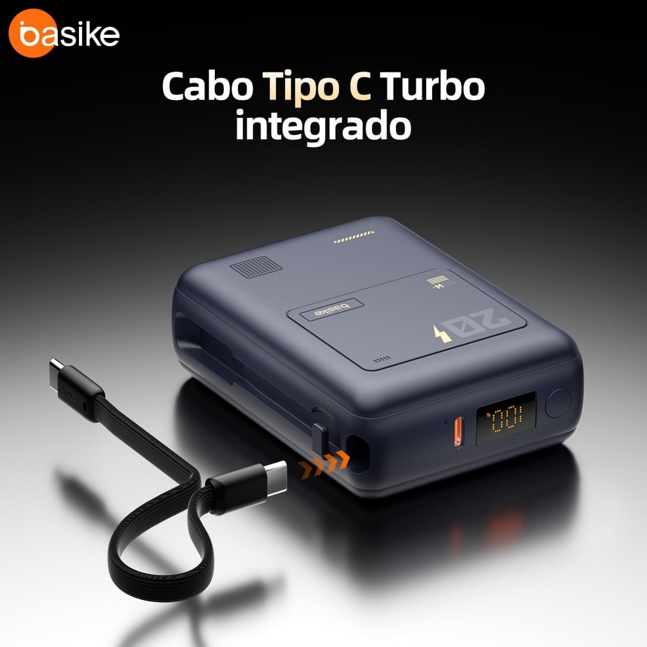 Basike Carregador Portátil 65W, Power Bank 20000mAh Carregamento Rápido com Display LED e Cabo Integrado Tipo-C, Power Delivery