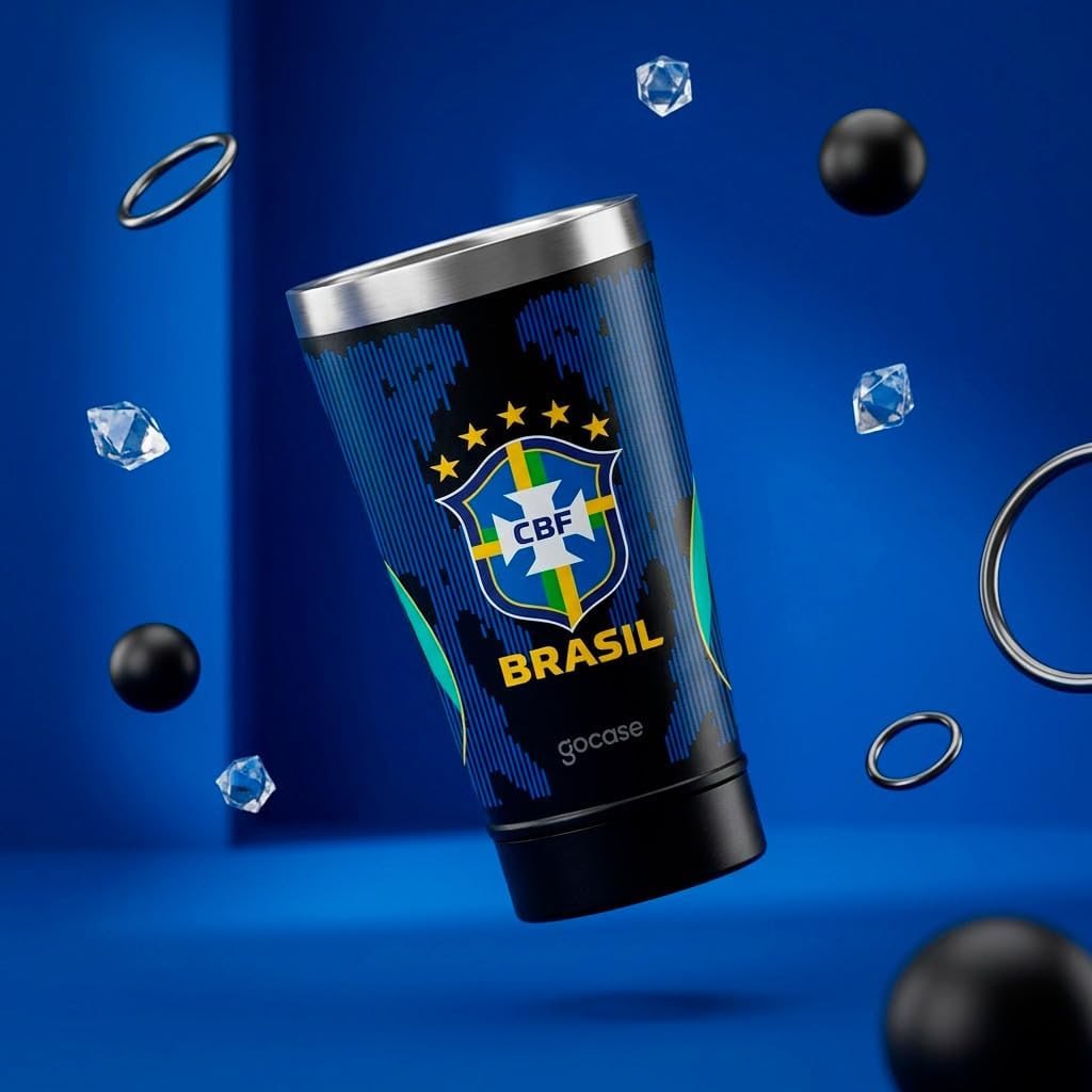 Copo de Cerveja Gocase Vibe CBF 470ml Inox | Térmico, Parede Dupla Isolada a Vácuo, Mantém Bebidas Frias 4h, Mantém Bebidas Quentes 45min, Estampas Seleção Brasileira
