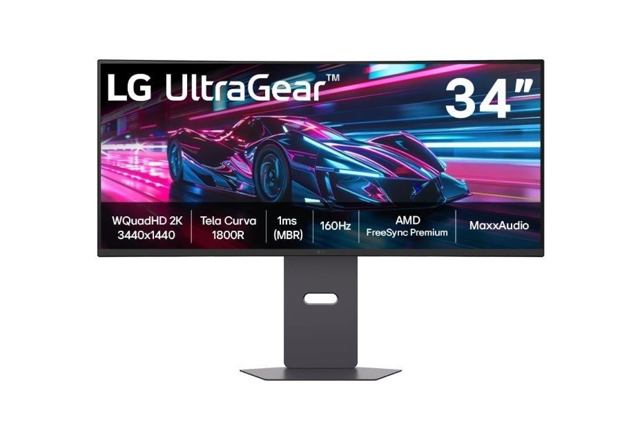 Monitor Gamer Curvo LG UltraGear 34, QHD, UltraWide, 160Hz, 1ms, FreeSync Premium, HDR10, Altura Ajustável, Som Integrado
