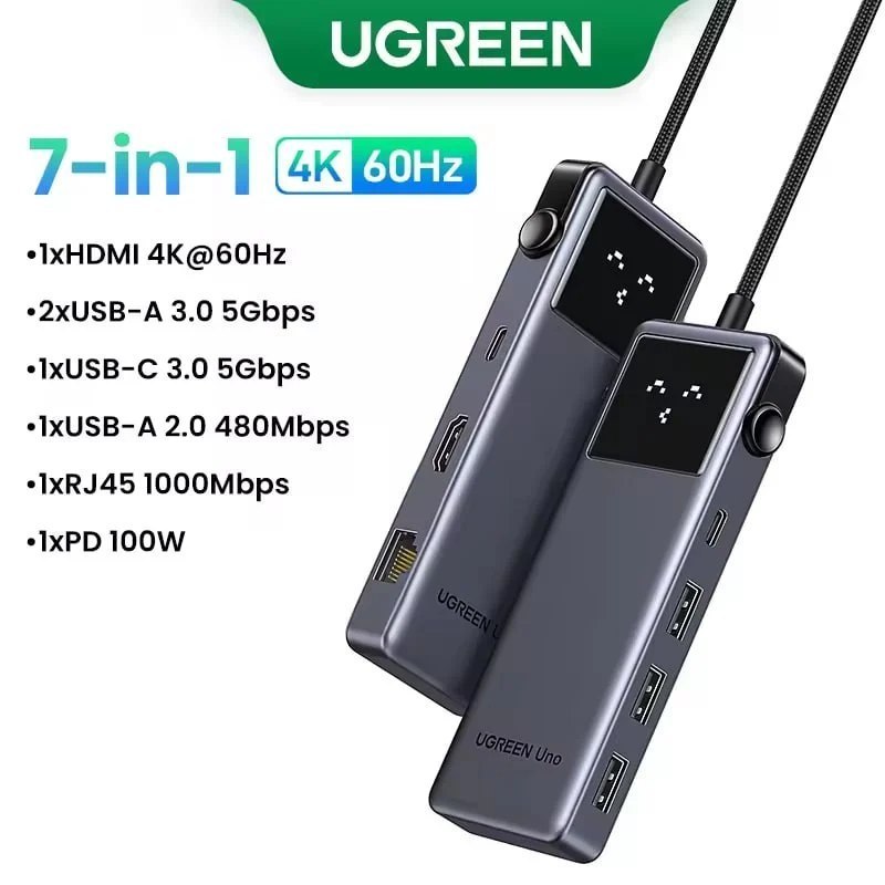 HUB USB 7 em 1 UGREEN Uno USB-C Adaptador 4K60Hz PD 100W RJ45 1Gbps USB3.0