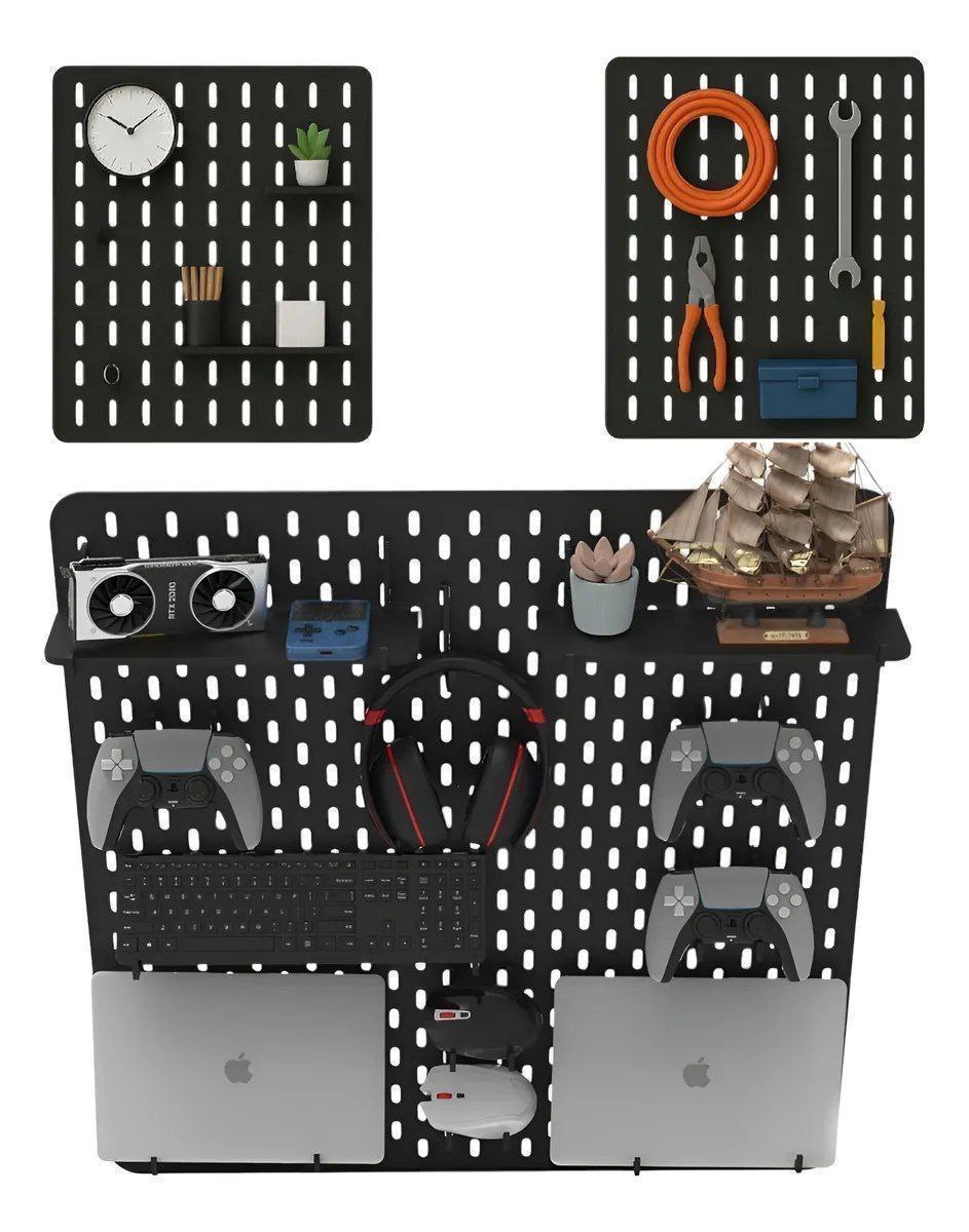 2x Pegboard M Premium Mdf Setup Gamer Home Office Preto Top Ful 59x59