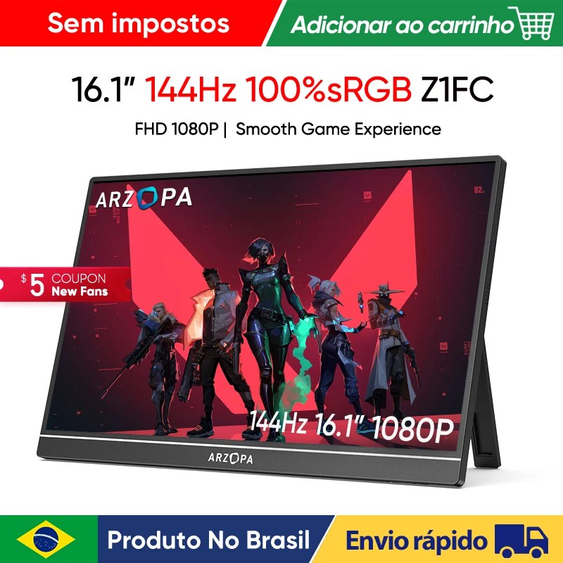 produto no brasil] Novo ARZOPA 16.1 polegada 100% sRGB 144Hz Monitor de Jogos Portátil Display Laptop com Tipo C Mini