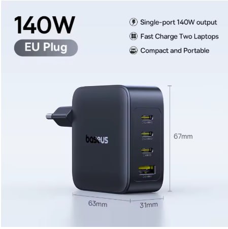 Carregador Baseus 140W GaN, Carregador PD, Carregador USB-C, Carregamento Rápido