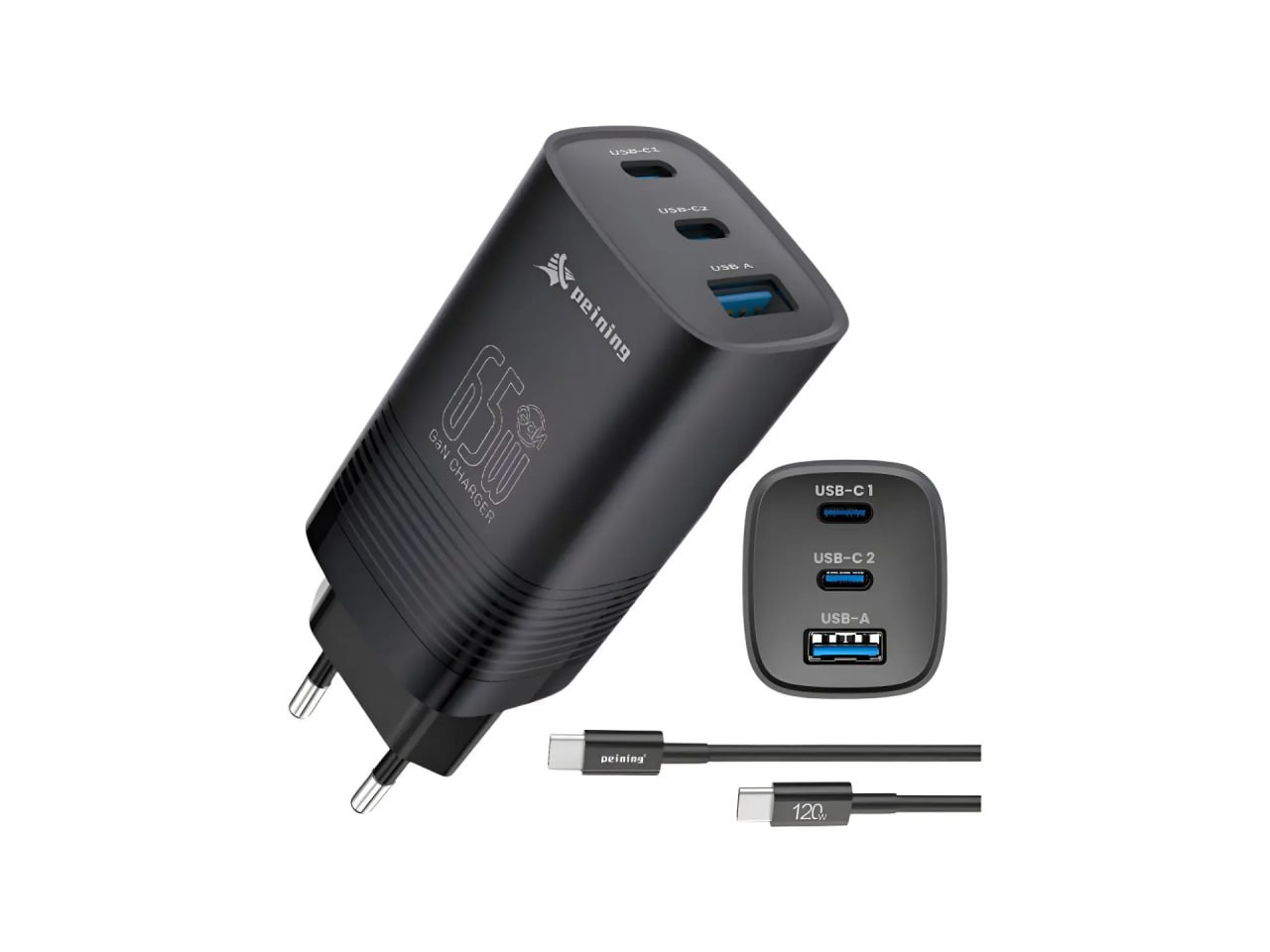 CARREGADOR SUPER TURBO GAN 65W – 2 USB-C + 1 USB-A, acompanha cabo de 120W total