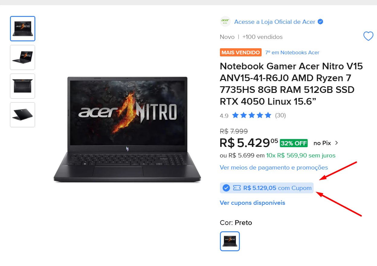 Notebook Gamer Acer Nitro V15 Anv15-41-r6j0 Amd Ryzen 7 7735hs 8gb Ram 512gb Ssd Rtx 4050 Linux 15.6 Preto