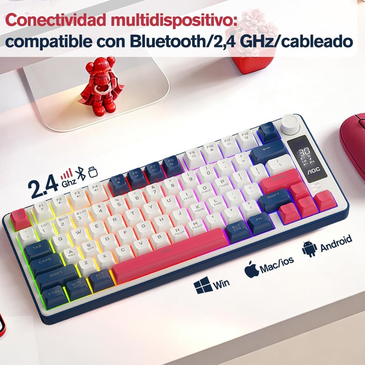 AOC GK280 Teclado sem fio 70%, Bluetooth Trimodo /2.4 GHz/USB-C, Teclado Gamer RGB LED Rainbow, Ideal para Jogos e Digitação, Ergonômico, Bateria Recarregável