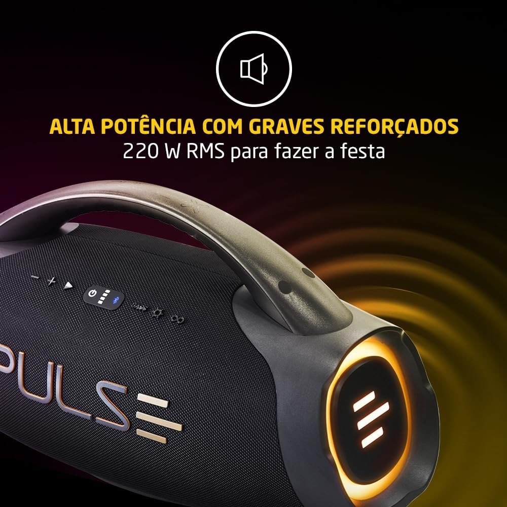 Caixa de Som Bluetooth Pulse X Boombox 220W RMS, Resistente a Água e com Iluminação LED – SP626