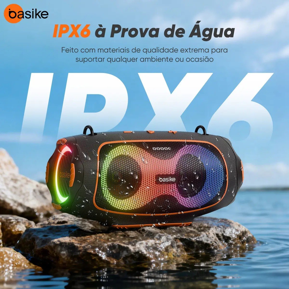 Caixa de Som Portátil Basike Boombox 80W com Bluetooth, Graves Potentes e Luz RGB