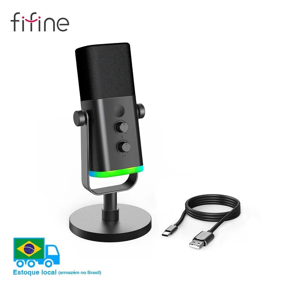 Fifine microfone dinâmico usb/xlr com controle rgb/jack de fone de ouvido/mudo