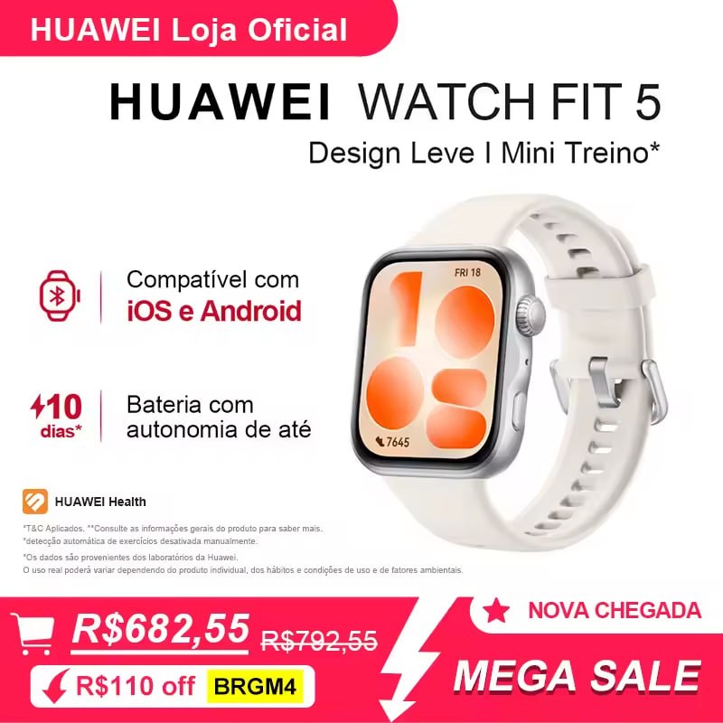 Precinho!! HUAWEI WATCH FIT 5 | Smartwatch Relogio | AMOLED de 1.82" Design Leve | Mini Treino | 64 GB | GPS