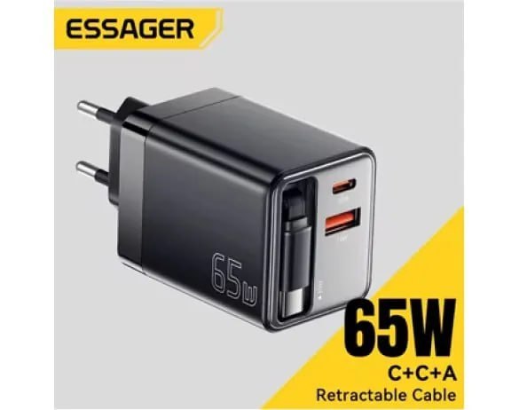 Carregador ESSAGER 65W – IDEAK PRA VIAGENS - potência pra carregar MACBOOK/NOTEBOOK, iPhone e Android via USB-C. Cabo Retrátil