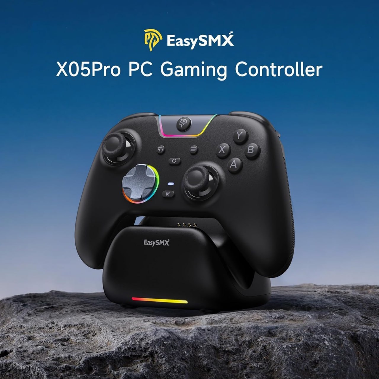 Controle Sem FIo EasySMX X05 Pro RGB, Hall Effect, Botões Programáveis, Conexão Tri Mode, 1000hz & 1000mAh + Dock de carregamento