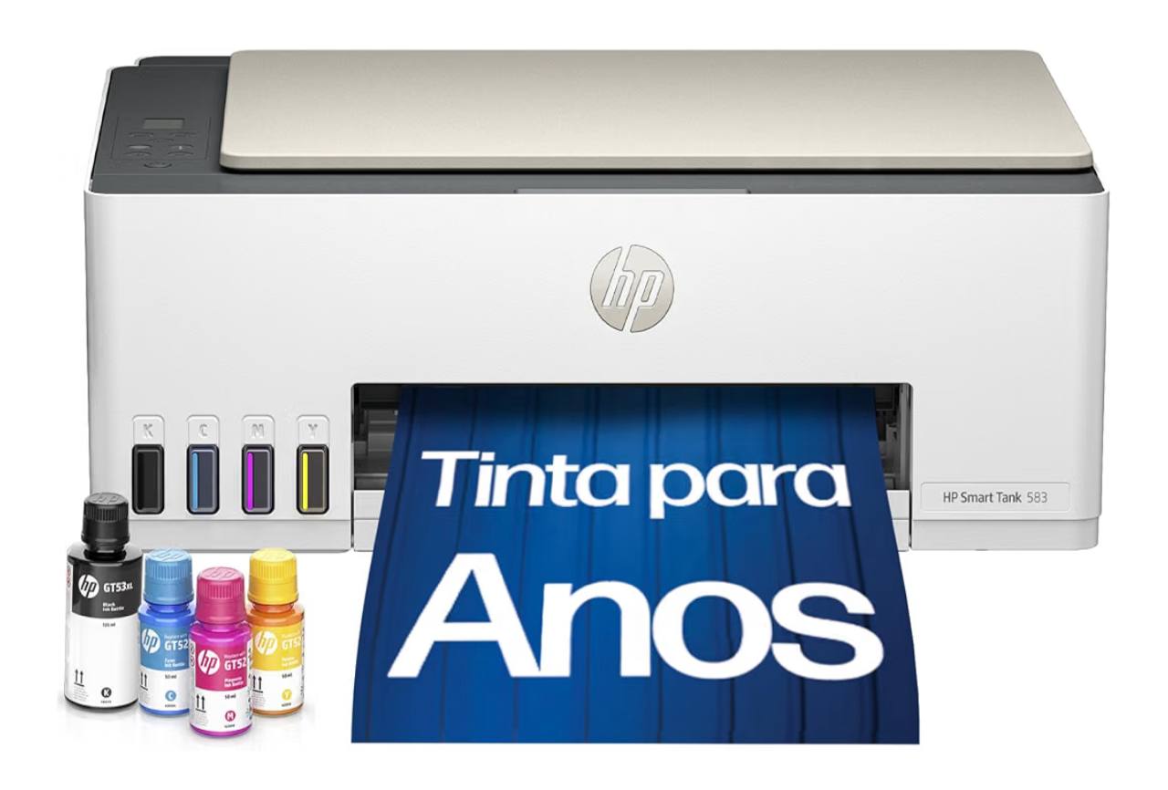 Impressora Multifuncional HP Smart Tank 583 Tanque de Tinta Colorida Wi-Fi com autorreparo, USB - Impressora, Copiadora e Scanner Cor: ‎Branco (4A8D8A)