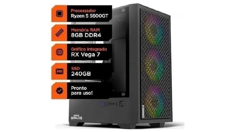 Pc Gamer Montado Terabyte Soldier, Ryzen 5 5600gt, 8GB DDR4, SSD 240GB, Radeon Graphics Vega 7