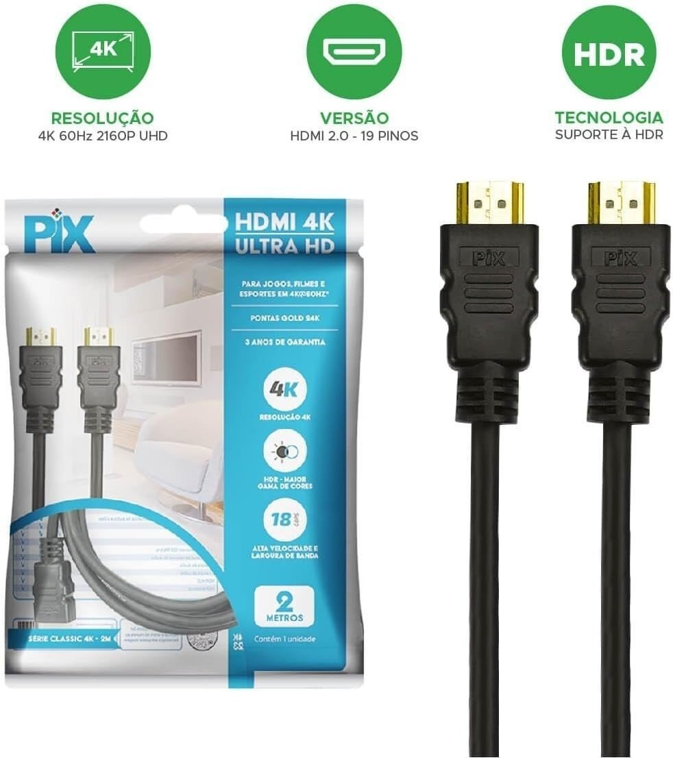 PIX Cabo Hdmi 2.0 4K Hdr 19P 2M Pix Gold, Preto