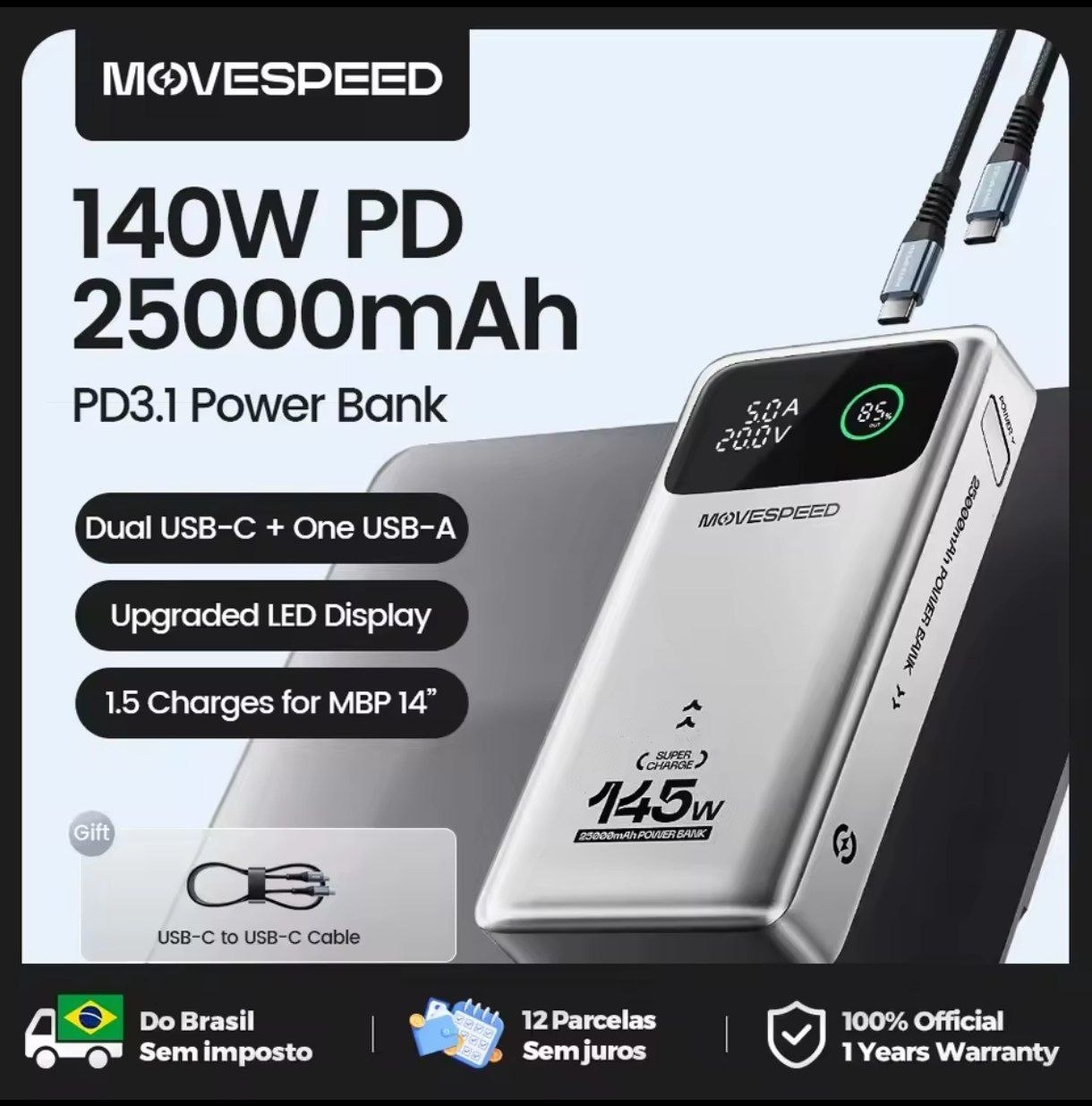 Bateria Externa Portátil MOVESPEED M25Pro de 140W, 25000mAh, Carregamento Rápido PD3.1, 100WENVIO DO BRASIL