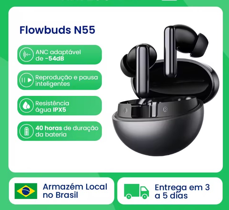 Fones de Ouvido Bluetooth 6.0 HT01 HAYLOU Flowbuds N55 com ANC Adaptativo Híbrido de 54dB