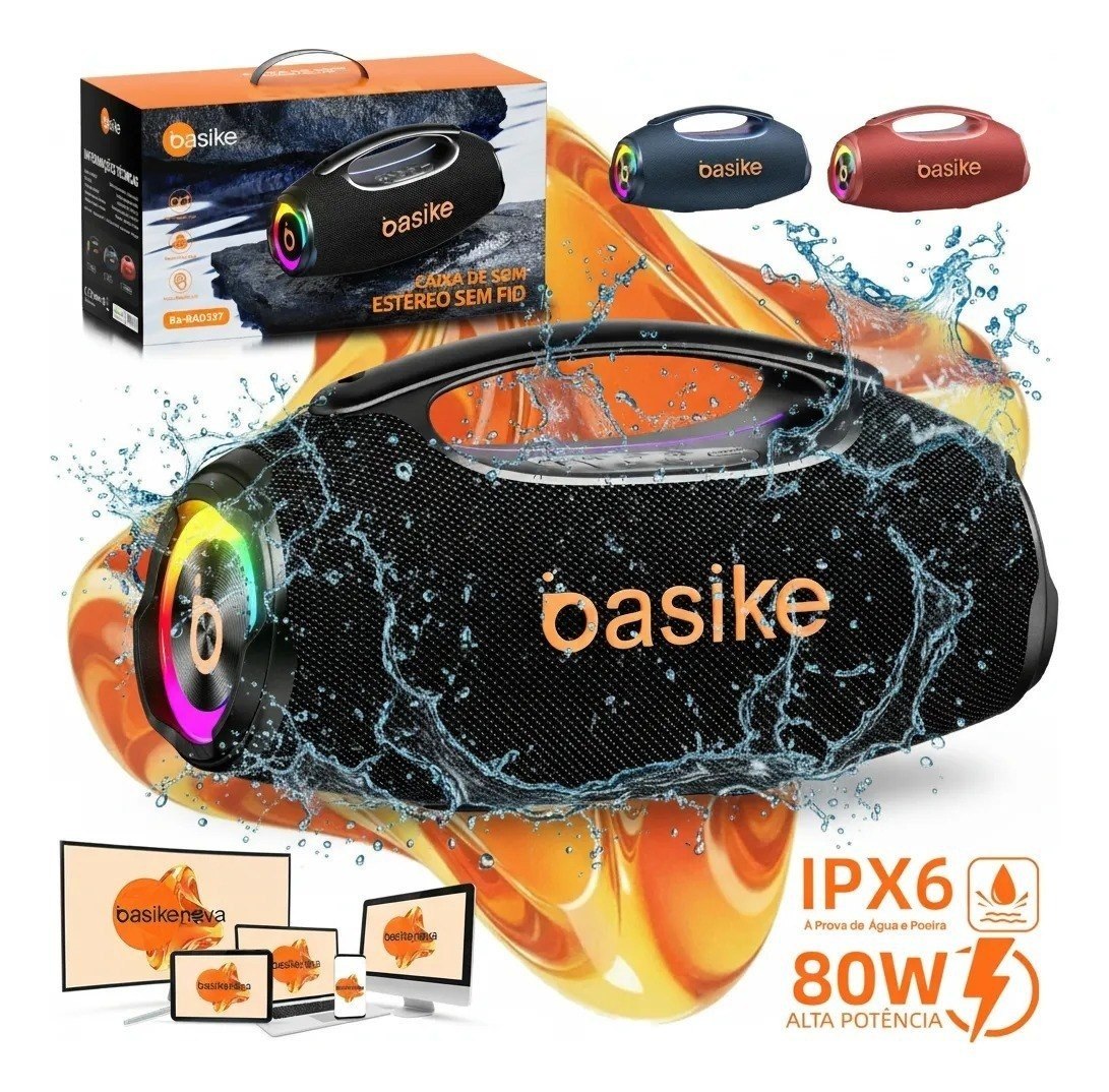 Caixa de Som Boombox 80W 8000Mah 10hrs Portátil Bluetooth 5.3 Sem fio IPX6 À Prova D'água Com Luz RGB - Basike