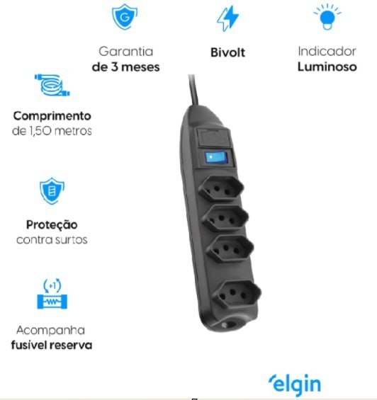 Filtro de Linha 4 Tomadas Elgin 2P+T 10A Preto Bivolt
