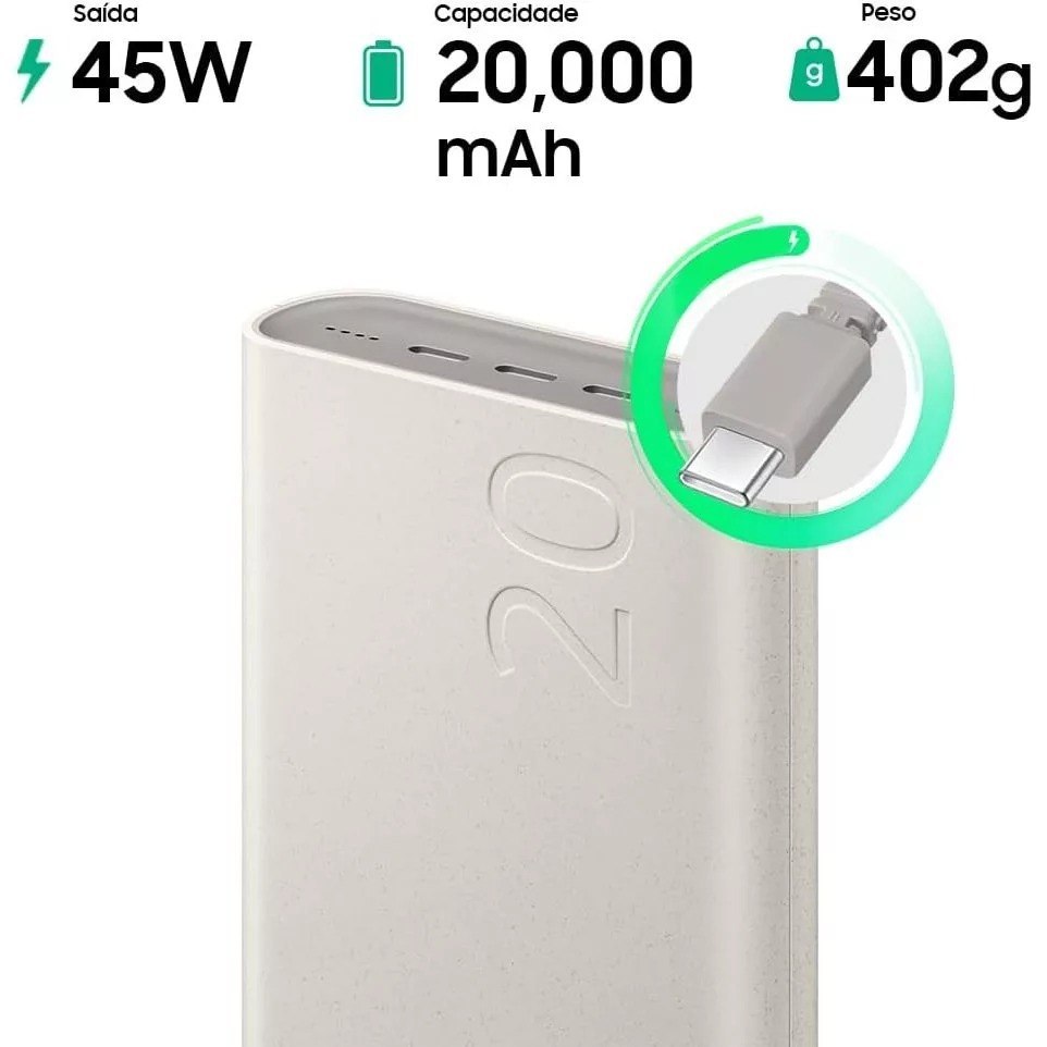 Carregador Portatil Samsung 3x USB-C 20000mAh Super Rapida 45W