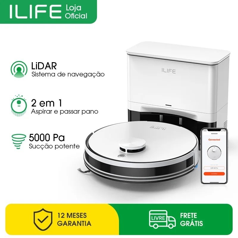 Robô Aspirador ILIFE A30 PRO Aspirador e Mopa com 5000Pa de Potência, Autoesvaziamento, Tensão 220–240V, Controle por App/Controle Remoto