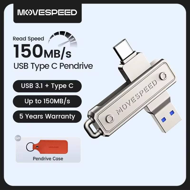 Movespeed 150mb/usb tipo c flash drive 64gb 128gb 256gb 512gb otg usb 3.1 pendrive para macbook iphone 15/16 computador