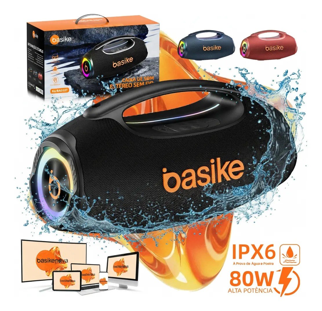 Caixa de Som Boombox 80W 8000Mah 10hrs Portátil Bluetooth 5.3 Sem fio IPX6 À Prova D'água Com Luz RGB - Basike