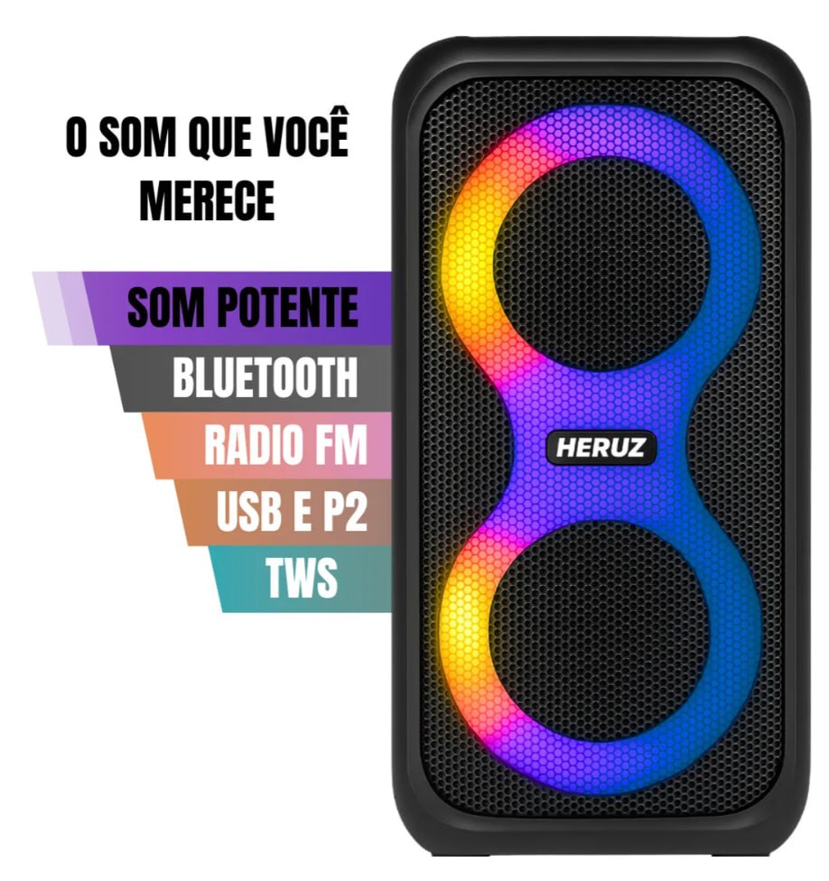 Caixa de Som Bluetooth Caixinha Grande 2 Altos Falantes 10w-hz 5.0 Boombox Com Radio Fm E Entrada Usb Pendrive - Heruz