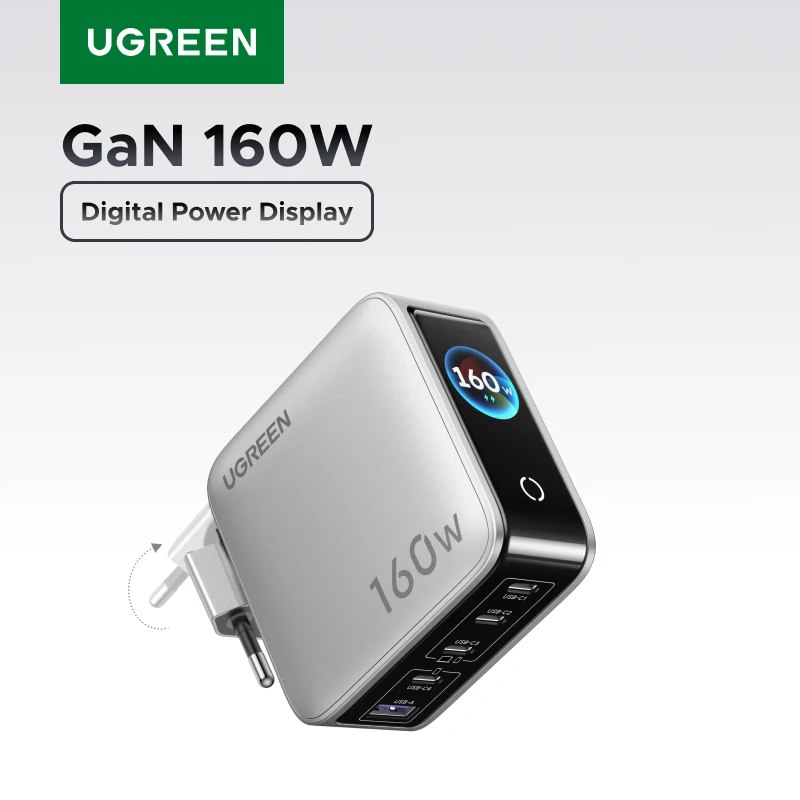 Carregador UGREEN 160W com GaN, display inteligente, AVS, PD 3.1 140W, QC 4.0. Compatível com MacBook Pro, laptop, iPhone 17, 16, iPad, tablet, Samsung S25 Ultra