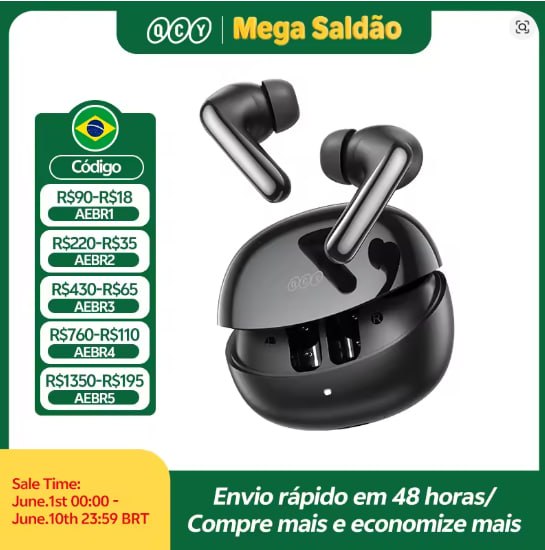 QCY MeloBuds N60 HT19 Fones de Ouvido Sem Fio Bluetooth 6.0 com ANC Híbrido de 56dB