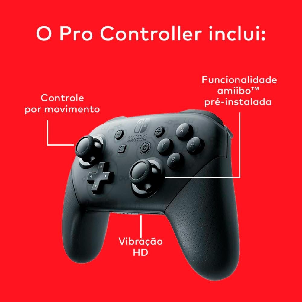 Nintendo, Controle Nintendo Switch, Pro, Sem Fio, Vibração HD, Controle de Movimento, Funcionalidade Amiibo Embutida, Cinza