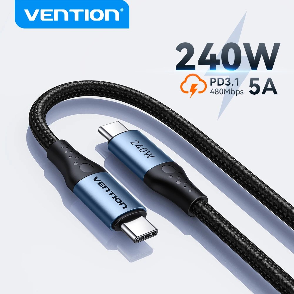 Cabo Vention 240W Tipo C para Tipo C PD3.1 com Carregamento Rápido e Transferência de Dados USB C para C para MacBook