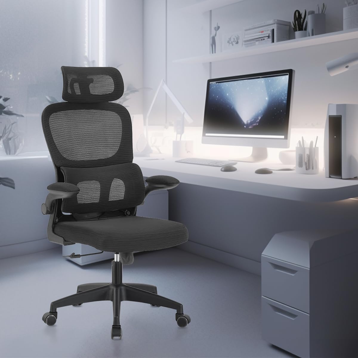 Cadeira de Escritório, Preto | Design Ergonômico com Suporte Lombar